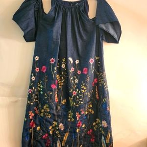 LONDON TIMES Dress,Size 12, Color Denim with Floral background.